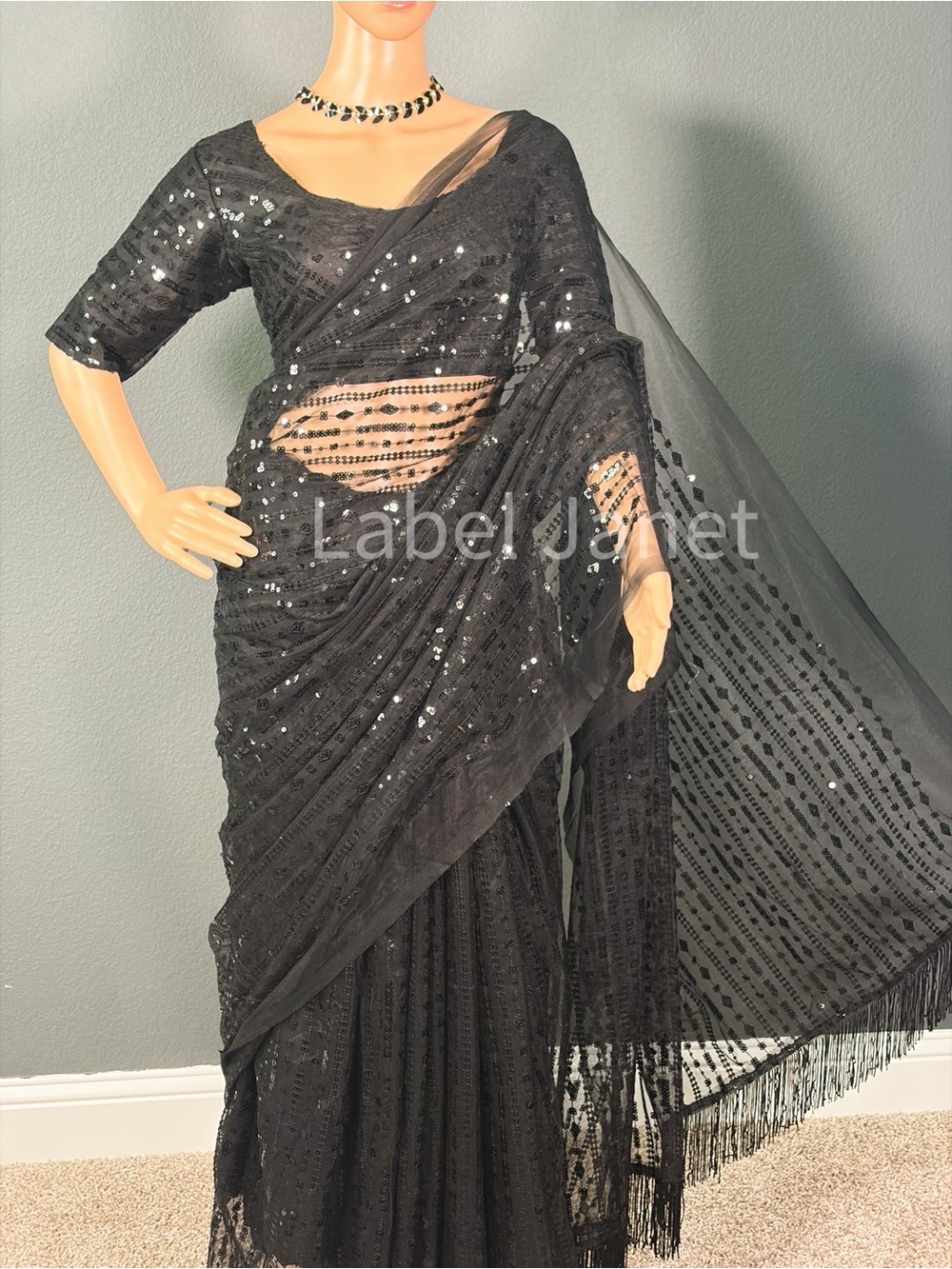Black Sequin Saree with Fringe & stitched blouses (Brand New)
